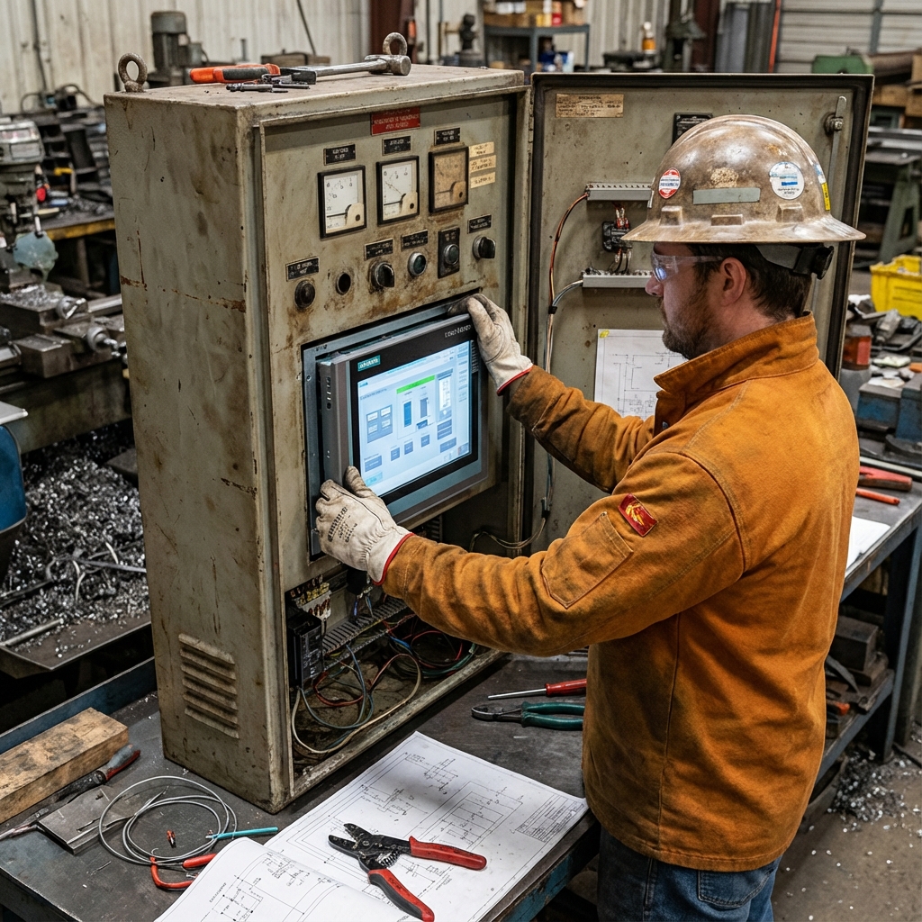 Technician Retrofitting Siemens HMI on Control Panel